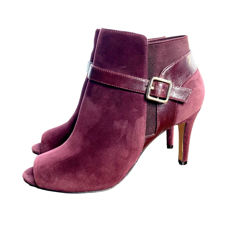 Marc Fisher Shimmee Bootie Women 8W Wine Suede Peep Toe Buckle Stiletto $109